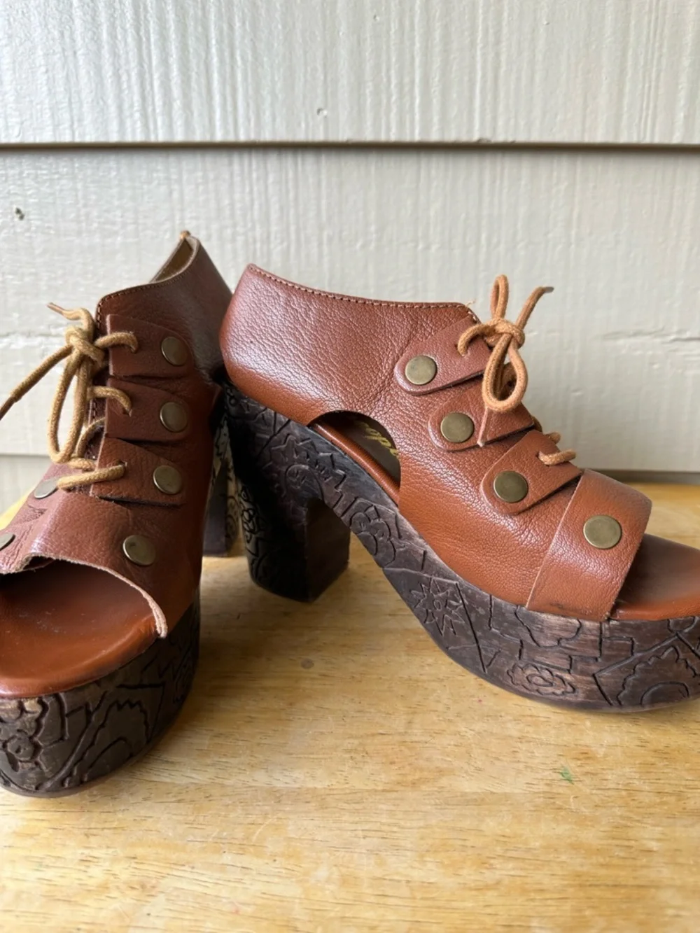 Free People Farrah Brown Leather Wooden Heel Engraved Platform Sandal Brown